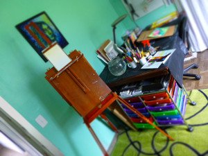 By placing my art supplies between my easel and my sitting area, I can quickly move between the two.